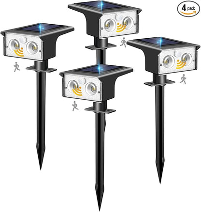 btfarm Solar Spot Lights Outdoor Waterproof, 4 Pack/3 Modes Motion Sensor Lights, Solar Powered Spotlights 2-in-1 Auto On/Off for Outside Pathway Yard Garden Lighting, Cool White