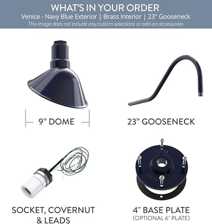 Steel Lighting Co. Venice Store Sign Light | for Outdoor Restaurant Accent Wall | 9 inch Dome | 23" Gooseneck | Made in America | Navy Blue Exterior/Brass Interior