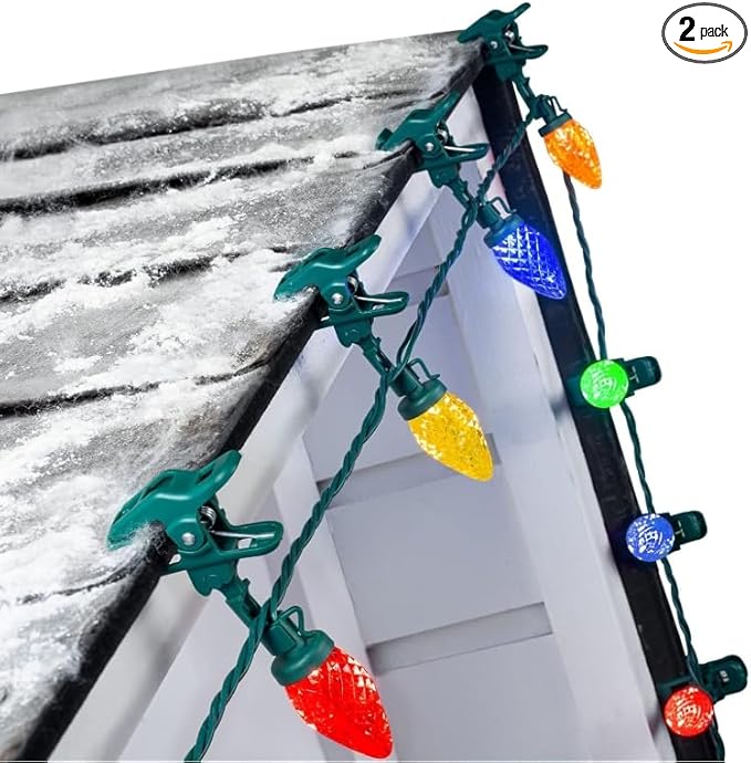 C9 Christmas Lights Outdoor with 00 Spring Clips, 65FT 100 LED C9 String Lights Waterproof Connectable for Roofline Patio House Yard Windows Indoor Outdoor Christmas Decorations, Multicolor 2 Pack