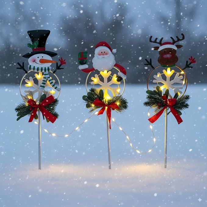 Christmas Yard Stakes Solar with Metal Santa, Snowman & Reindeer Set of 3, Christmas Grave Decorations with Solar | Lumora