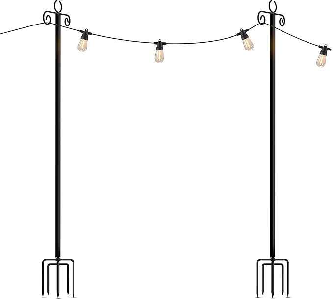 Brightech Bundle Ambience Pro 27 Ft Solar Powered Outdoor String Lights + 2-Pack 10FT String Light Poles