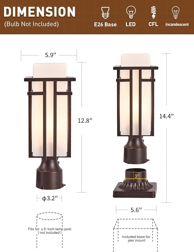 Oil Rubbed Bronze Outdoor Post Lights,Waterproof Pole Mount Light Fixture with Pier Mount Adapter(with 3-Inch Pier | Lumora