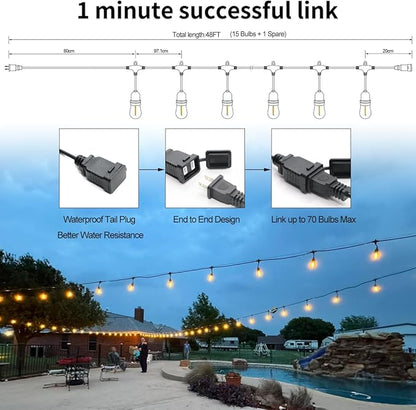 48FT Outdoor Waterproof String Lights with 16 Shatterproof Bulbs, IP65 Patio Lights for Garden Wedding Cafe - Tangle-Free Cables with Hooks (Warm White)