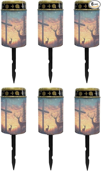 Poceacles 6 PCS Cross Solar Lights Cemetery Solar Lights for Grave Solar Candle Solar Lantern Light Walkway Lights Waterproof Landscape Lighting for Loss of Loved One, Deer Cross Galaxy Star