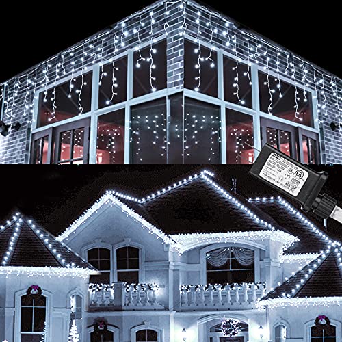 Toodour Christmas Icicle Lights Outdoor, 612 LED 50ft 8 Modes Fairy Icicle String Light with 102 Drops, Led Christmas Lights Twinkle for Holiday, Party, Wedding, Eaves, Xmas Decorations (White)