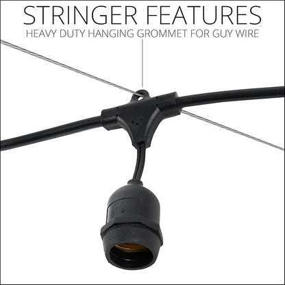 100-ft 50 Suspended Sockets E26 Commercial Patio Light Stringer, Heavy Duty Weatherproof SJTW Black Wire, 24" Spacing, 16 Gauge Wire, Stringer Only