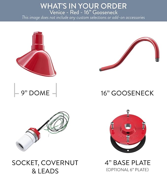 Steel Lighting Co. Venice Store Sign Light | for Outdoor Restaurant Accent Wall | 9 inch Dome | 16 inch Gooseneck | Made in America | Red Exterior/White Interior