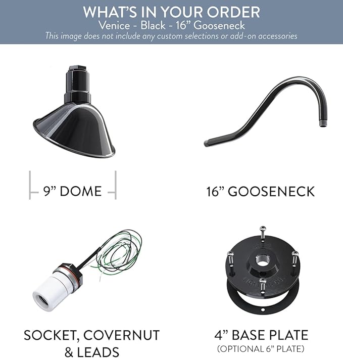 Steel Lighting Co. Made in America Venice Store Sign Light | for Outdoor Restaurant Accent Wall | 9 inch Dome | 16 inch Gooseneck | Matte Black Exterior/White Interior