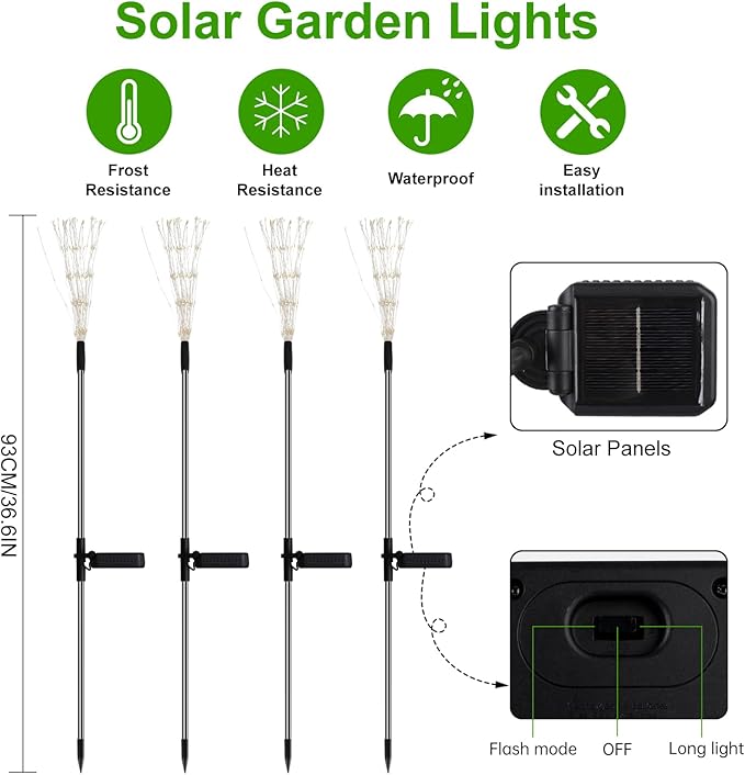 4 Pcs Solar Garden Light Outdoor,175 LED Solar Firework Lights for Yard, 2 Modes IP67 Waterproof Copper Wire DIY Decorative Light, Starburst Lights for Party Patio（Warm White）