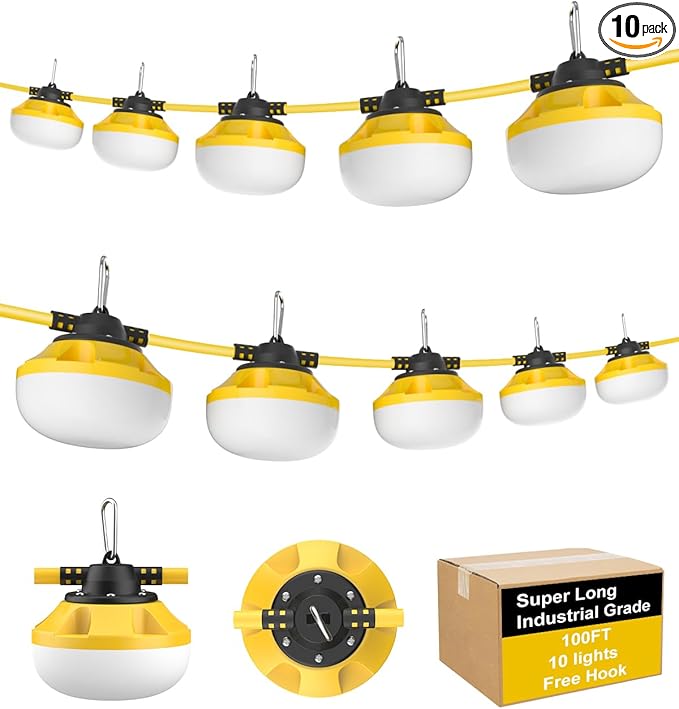 100FT LED Construction String Lights 10 Bulbs,10000LM,Industrial Grade,Weatherproof, Linkable 5000K Super Bright | Lumora