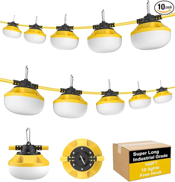 100FT LED Construction String Lights 10 Bulbs,10000LM,Industrial Grade,Weatherproof, Linkable 5000K Super Bright | Lumora