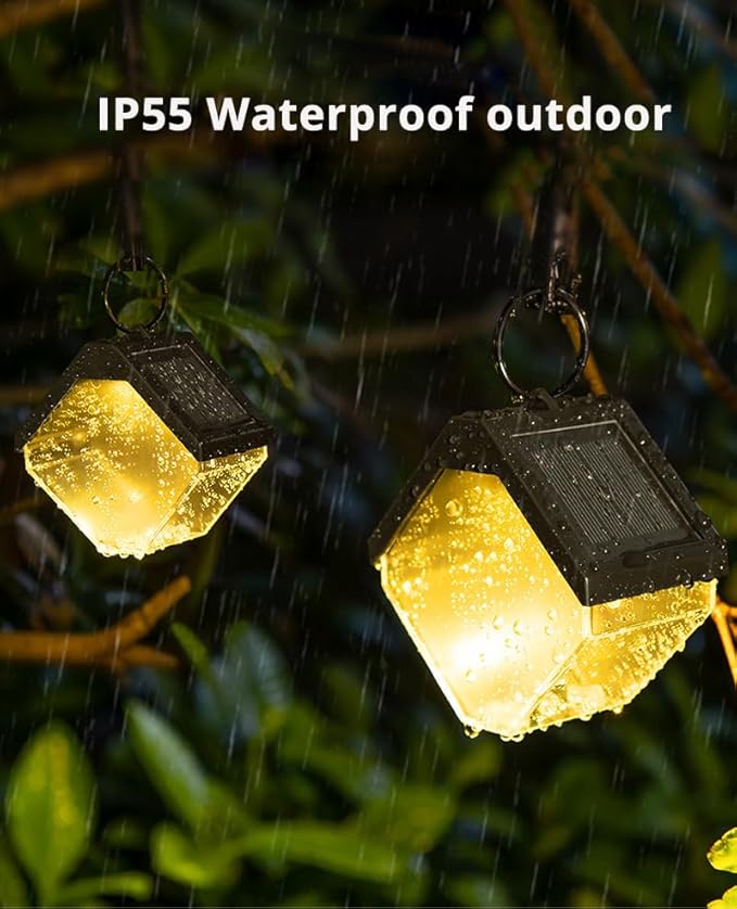 Hanging Solar Lights Landscape Path Lights Outdoor Waterproof Ice Block Lantern with Ring Clip Wall mounted DIY String Light Christmas Decor Tree Yard Garden Patio Fence (1 pack warm white & RGB)