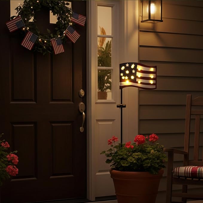 Garden Lights Solar Powered American Flag for Fourth of July Decorations, Memorial Day Decorations Outdoor Tall Patriotic Solar Patio Lights with 12 Vintage Bulbs 49.6" for Yard Pathway Lawn