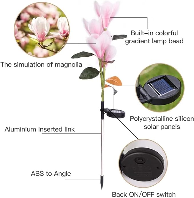 Solar Lights Outdoor - New Upgraded Solar Garden Lights, Multi-Color Changing Magnolia Solar Flower Lights for Patio,Yard Decor, Bigger Flower and Wider Solar Panel (2 Pack)