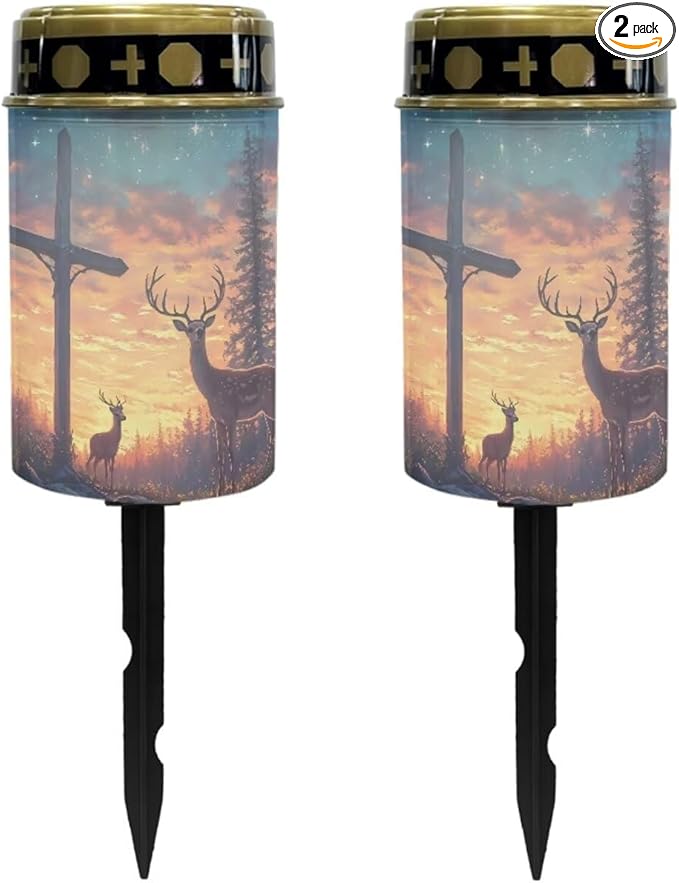 Poceacles 2 PCS Cross Solar Lights Cemetery Solar Lights for Grave Solar Candle Solar Lantern Light Walkway Lights Waterproof Landscape Lighting for Loss of Loved One, Deer Cross Galaxy Star
