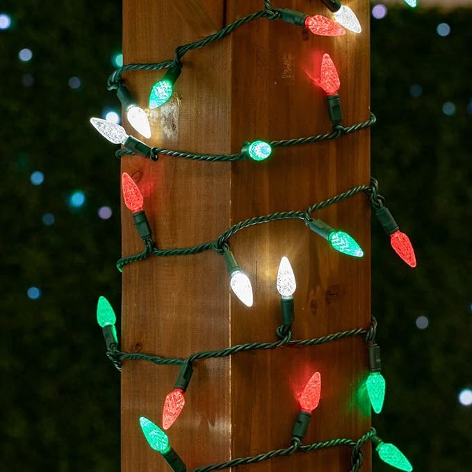 70 Light 24Ft Commercial Christmas String Lights C6 LED Strawberry Faceted Bulb – Red/Green/Pure White, Green Wire | Lumora