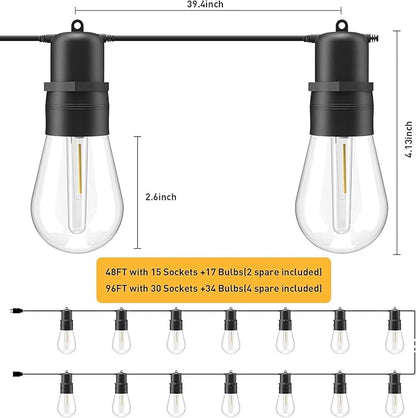 LED Outdoor String Lights, 96FT Patio String Lights with S14 30+4(Spare) Plastic Shatterproof Bulbs, ETL Listed IP65 Waterproof Heavy-Duty for Backyard Lights,Bistro Lights,Cafe Lights