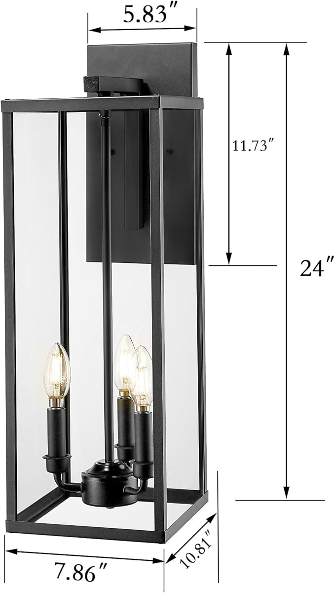 Bestshared Large Outdoor Wall Sconce, 24'' Modern Black Outdoor Wall Lantern, 3-Light Clear Glass Porch Light | Lumora
