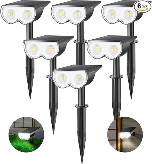 Consciot Solar Spot Lights Outdoor, 16 LEDs IP67 Waterproof Auto On/Off Landscape Spotlights, 2-in-1 Adjustable Wall Lights for Garden Yard Pathway, 6 Pack (Cool White)