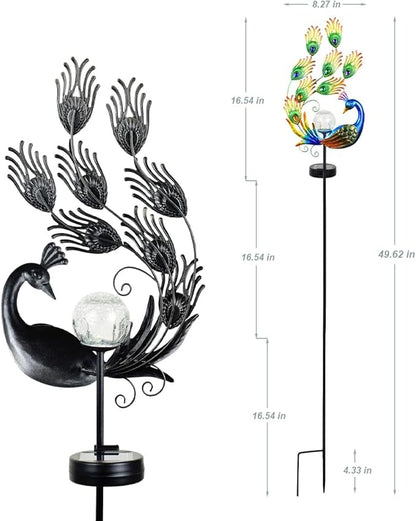 ARTER Solar Garden Stake Lights, 50 Inches Tall Metal Peacock Outdoor Waterproof Decorative LED Solar Pathway Lights with Bling Bling Jewels for Landscape Yard Patio Lawn Poolside (Pack of 2)