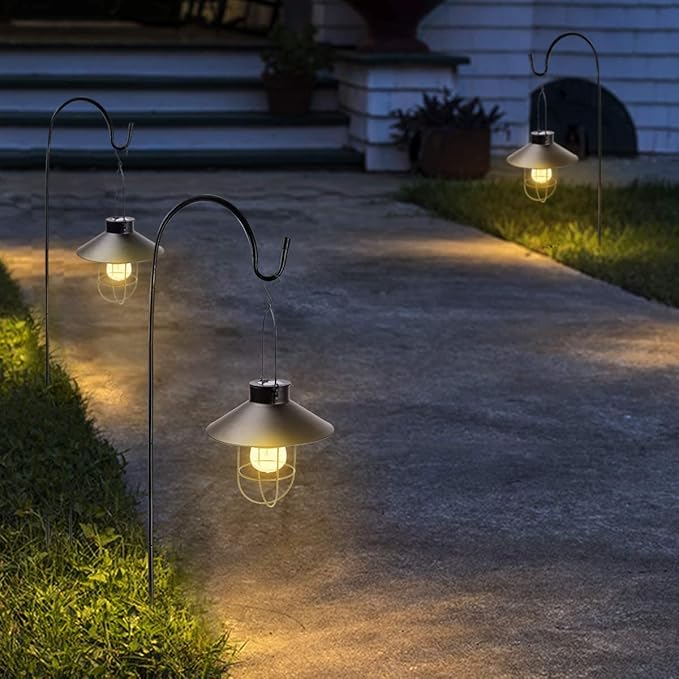 HUYIENO 2Pack Solar Metal Hanging Lantern with Shepherd Hook Outdoor Led Garden Lights Black | Lumora