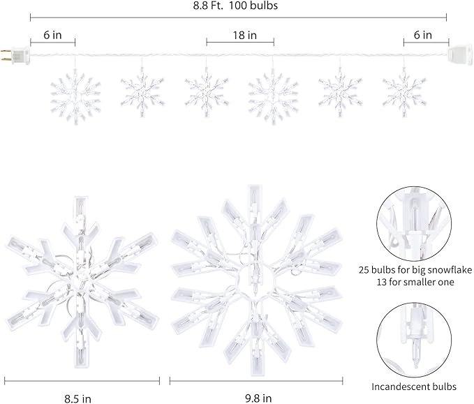 Minetom Snowflake Christmas String Lights with 6 Drops - 9ft 100 Mini Bulb Icicle Lights with Hooks, Plug-in Connectable Hanging Lights for Christmas Home Indoor Outdoor Wedding Holiday Décor