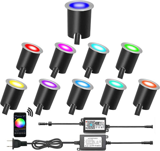 Smart LED Deck Lights Kit WiFi Controlled Color Changeable,Φ1.38“Outdoor IP67 Waterproof Low Voltage Step Lights with Protecting Shell,Works with Samrt Phone,Alexa,Google Home(10pcs,WiFi)
