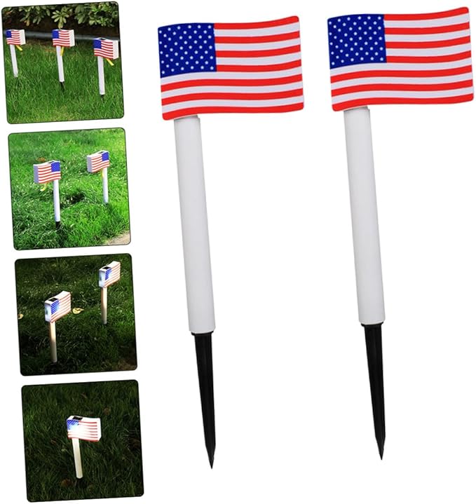 CHILDWEET Solar LED American Flag Garden Lights, 2pcs Outdoor Solar Pathway Lamps Ground Stakes for Lawn and Patio Decoration Random Color
