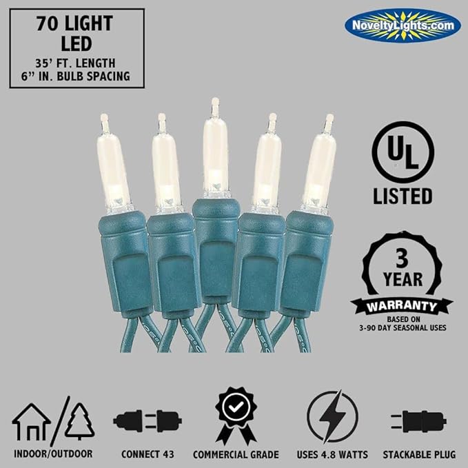 Novelty Lights Vintage Style T5 Pure White LED Christmas Lights, 35 Feet Green Wire String of 70 Mini Bulbs, UL Listed Indoor/Outdoor Tree Lighting