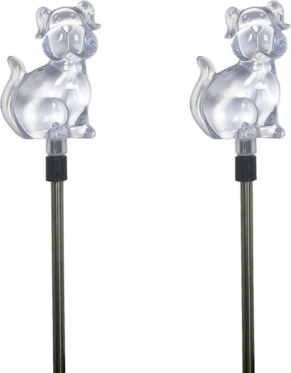 Set of 2 Clear Acrylic Dog Solar Power Outdoor Garden Yard Stick Color Change LED Lights