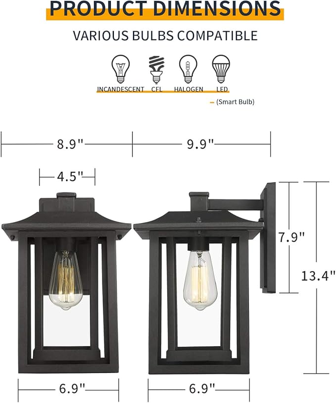 Beionxii Outdoor Light Fixture, Dusk to Dawn Exterior Wall Mount Lantern Outside Lights for House Porch Patio, Black Cast Aluminum w/Clear Glass (13.5" x 9") - A197W-2PK