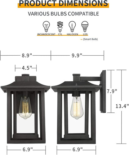 Beionxii Outdoor Light Fixture, Dusk to Dawn Exterior Wall Mount Lantern Outside Lights for House Porch Patio, Black Cast Aluminum w/Clear Glass (13.5" x 9") - A197W-2PK
