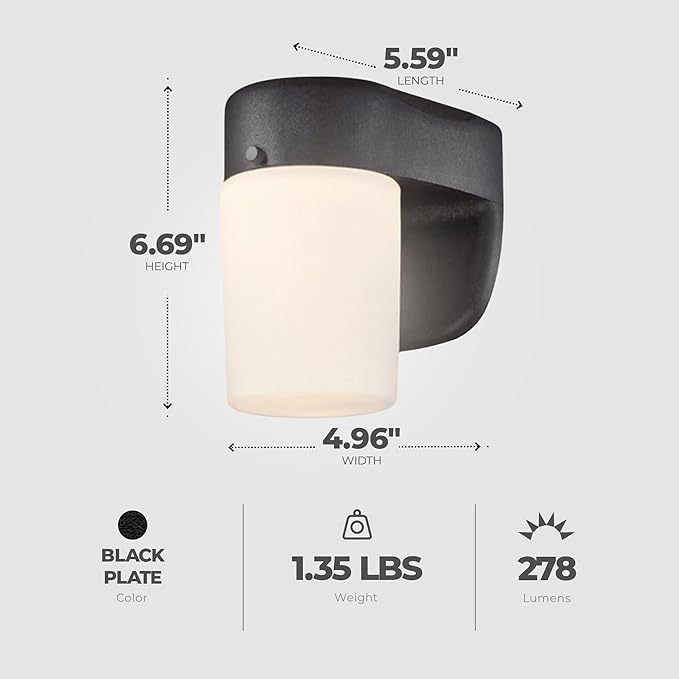 6106700 One-Light Dimmable LED Outdoor Wall Fixture with Dusk to Dawn Sensor, Black Finish with Frosted Opal Glass | Lumora