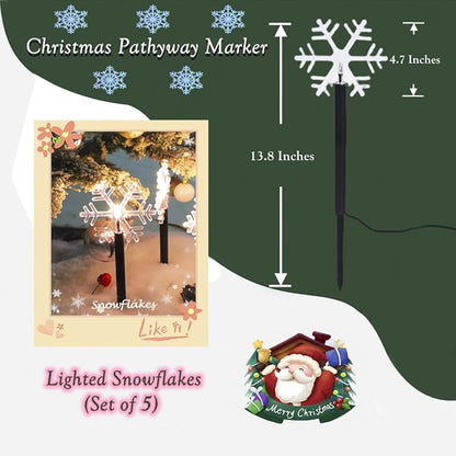 Solar Christmas Snowflake Pathway Lights Outdoor,7.9Ft LED Stake Lights for Lawn Yard Walkway Backyard Garden Decor Xmas Marker Decoration,5 Pack 3D Snowflake Decorative Landscape Lighting Warm White