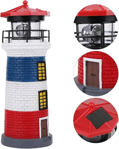 LED Solar Power Lighthouse Statue Outdoor Decor Rotating Outdoor Light Garden Yard Lawn Craft Ornament, Lighthouse Lamp Solar Lighthouses for Outside(Red+Blue+White)