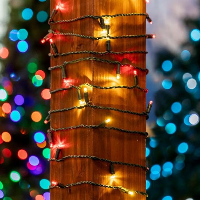 Novelty Lights 25ft 50 LED Red/Warm White Christmas Lights Outdoor/Indoor, 6" Spacing, Green Wire String Lights for Festive Xmas Lighting, IP55, UL Listed, Dimmable, Connectable