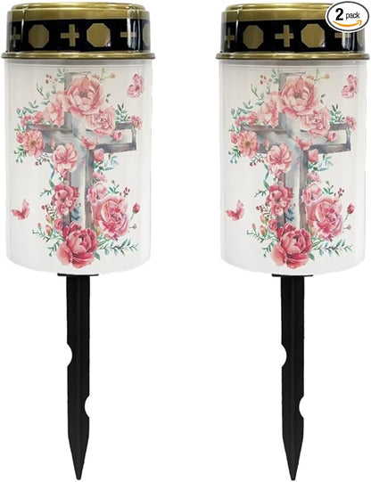 Poceacles Solar Lights Outdoor Waterproof Cemetery Lights Solar Powered Grave Solar Lantern Outdoor Waterproof Walkway Lights for Lawn Garden Pathway, Red Flower Butterfly Cross, Pack of 2