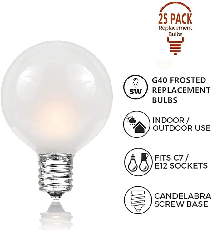 SUNSGNE 25 Pack Frosted White Replacement Bulbs & 25ft G40 Frosted String Lights, 5 - Outdoor Lighting Accessory | Lumora