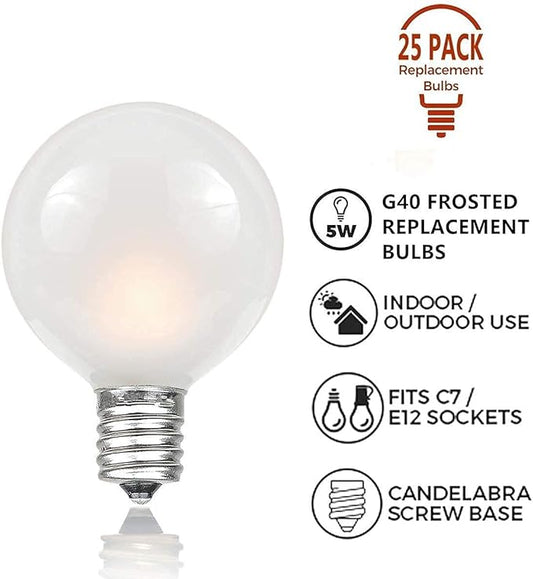 SUNSGNE 25 Pack Frosted White Replacement Bulbs & 25ft G40 Frosted String Lights, 5 Watts Bulb Lights- Fits E12 and C7 Sockets