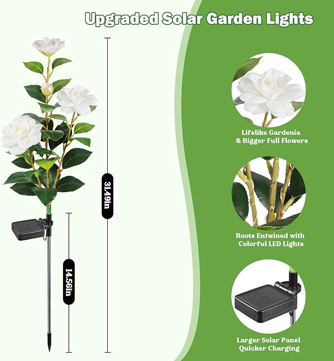 Solar Flower Lights, Multi-Color Changing Gardenia Lights, Solar Flowers Outdoor Waterproof, Solar Powered Garden Decor for Patio Yard Pathway Decoration(2 Pack)