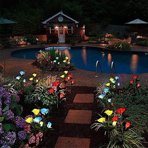 Solar Rose Garden Lights, 2 Pack Realistic Flower Lights, Waterproof LED Decorative Stake Landscape for Patio Pathway Grave Cemetery Outdoor Decor (Blue)