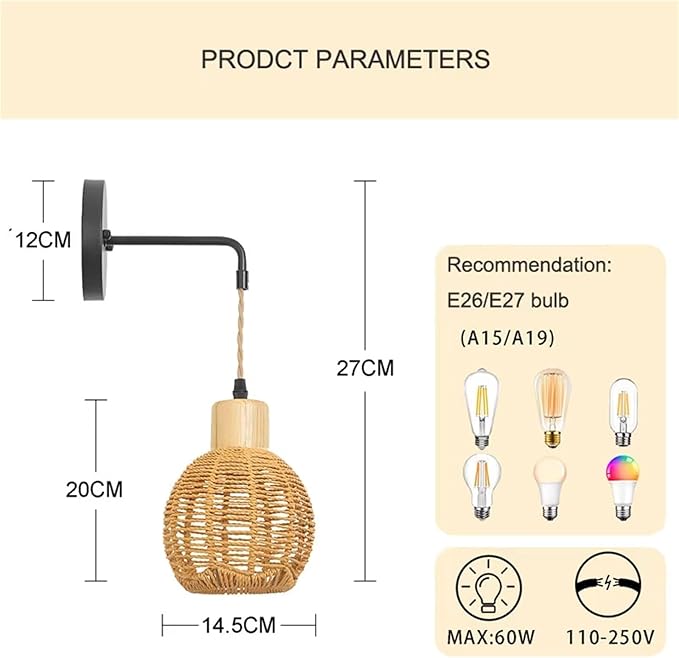 Creative Vintage Handmade Rattan Woven Wall Lamp E27 Wall Sconce Aisle Corridor Hotel Restaurant Cafe Light ，Porch