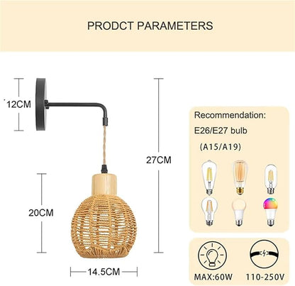Creative Vintage Handmade Rattan Woven Wall Lamp E27 Wall Sconce Aisle Corridor Hotel Restaurant Cafe Light ，Porch