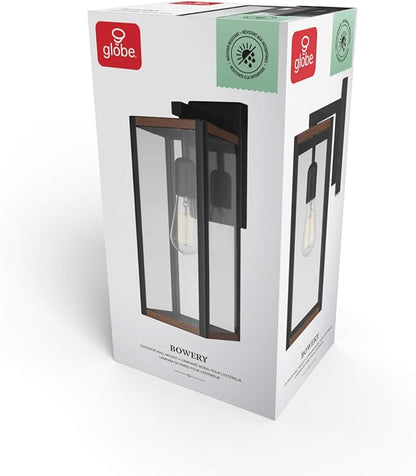 GLOBE Electric 44681 1-Light Outdoor Indoor Wall Sconce, Matte Black, Faux Wood Accents, Clear Glass Shade, Back Porch Lights, Front Patio, Garage Fixture, Exterior Lighting for House