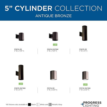 Progress Lighting 5-Inch Cylinder Outdoor Wall Sconce, 1-Light Modern Wall Mount Light, Interior and Exterior Lighting for Home or Porch, Aluminum Construction, Antique Bronze (P5674-20)