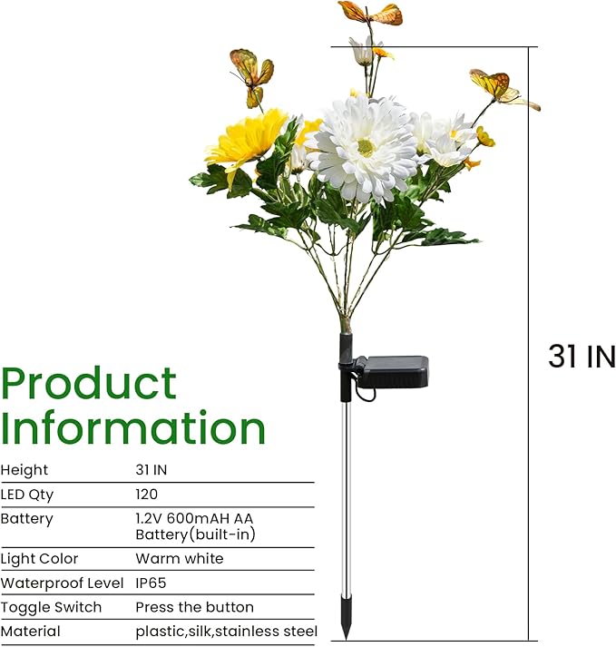 Solar Garden Light 6 Packs, 120 LEDs Outdoor Solar Lighting with Daisy and Butterfly, Waterproof Outdoor Garden Light for Patio, Courtyard, Pathway Decoration (Yellow)