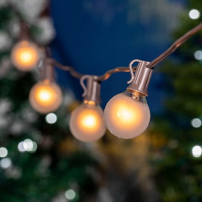 G40 Patio String Lights with 25 Frosted Globe Bulbs - Hanging Garden String Lights - Vintage Backyard Patio Lights - Outdoor String Lights - Market Cafe String Lights - Brown Wire - 25 Foot