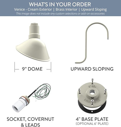 Steel Lighting Co. Venice Store Sign Light | for Outdoor Restaurant Accent Wall | 9 inch Dome | Upward Sloping Gooseneck | Made in America | Cream Exterior/Brass Interior