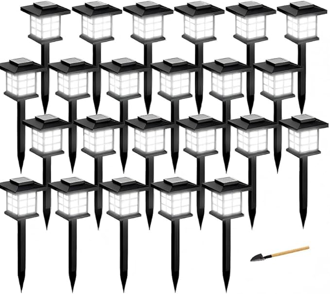 Solar Outdoor Path Lights, Waterproof LED Landscape Garden Lights, IP55 Black Grid Design, 15.7 Inch Height, 700mA Battery (White, White Light-Ultra Bright 24 Sets)