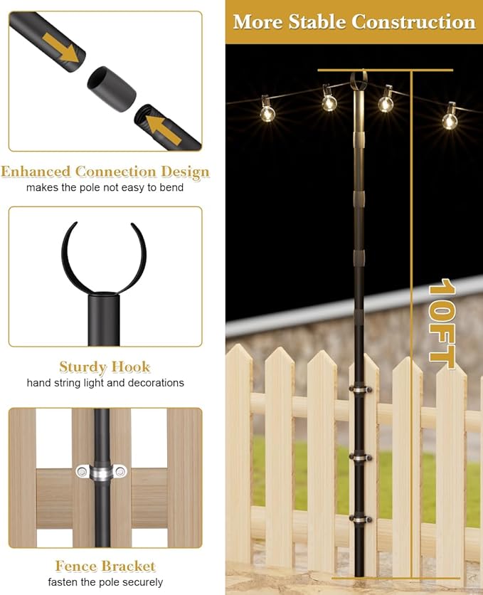 10Ft String Light Poles for Fence & Deck Railing, Outdoor Light Stand with Fence Brackets, Heavy-Duty Metal Poles | Lumora